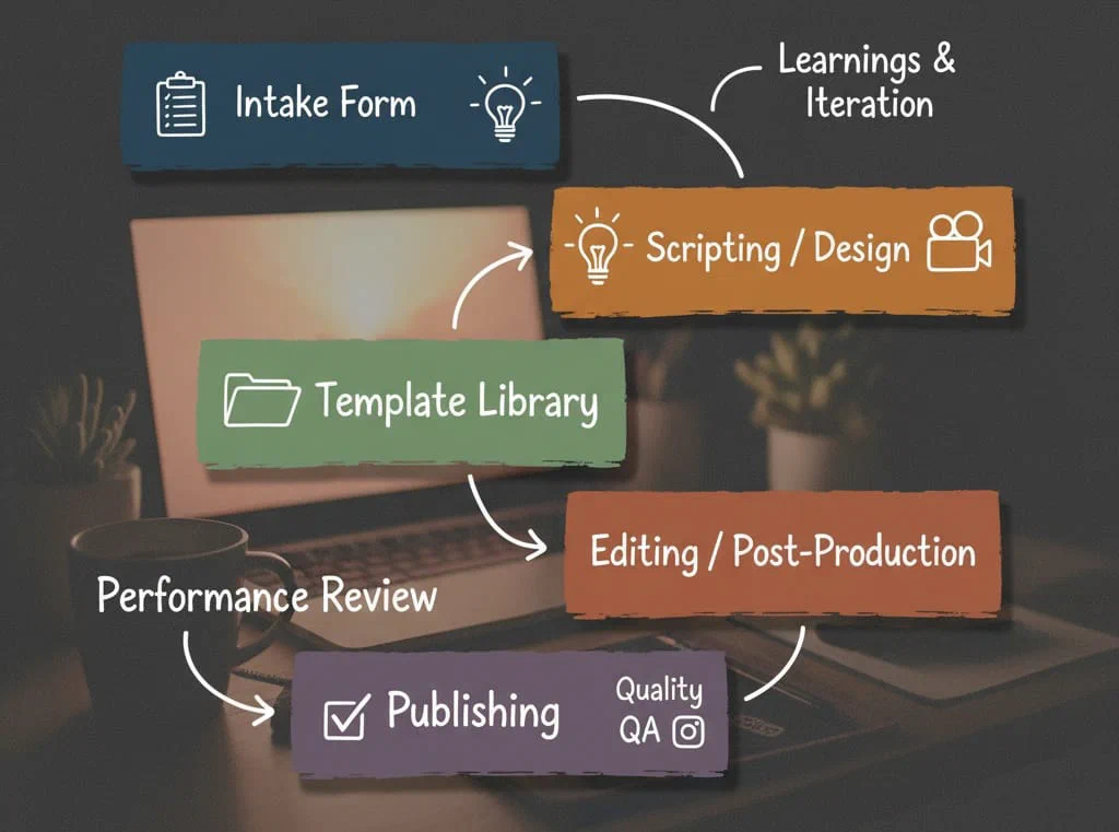 Workflow lanes from idea to publish with feedback loop.
