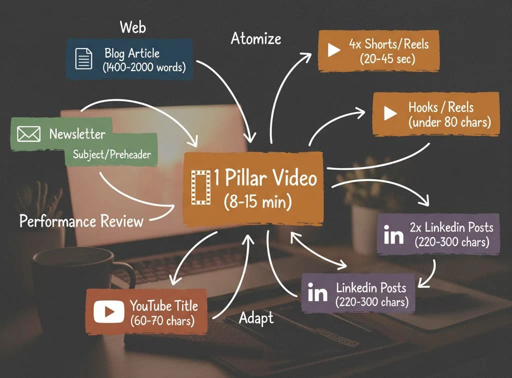 Diagram showing one video yielding blog, newsletter, shorts, and social posts.