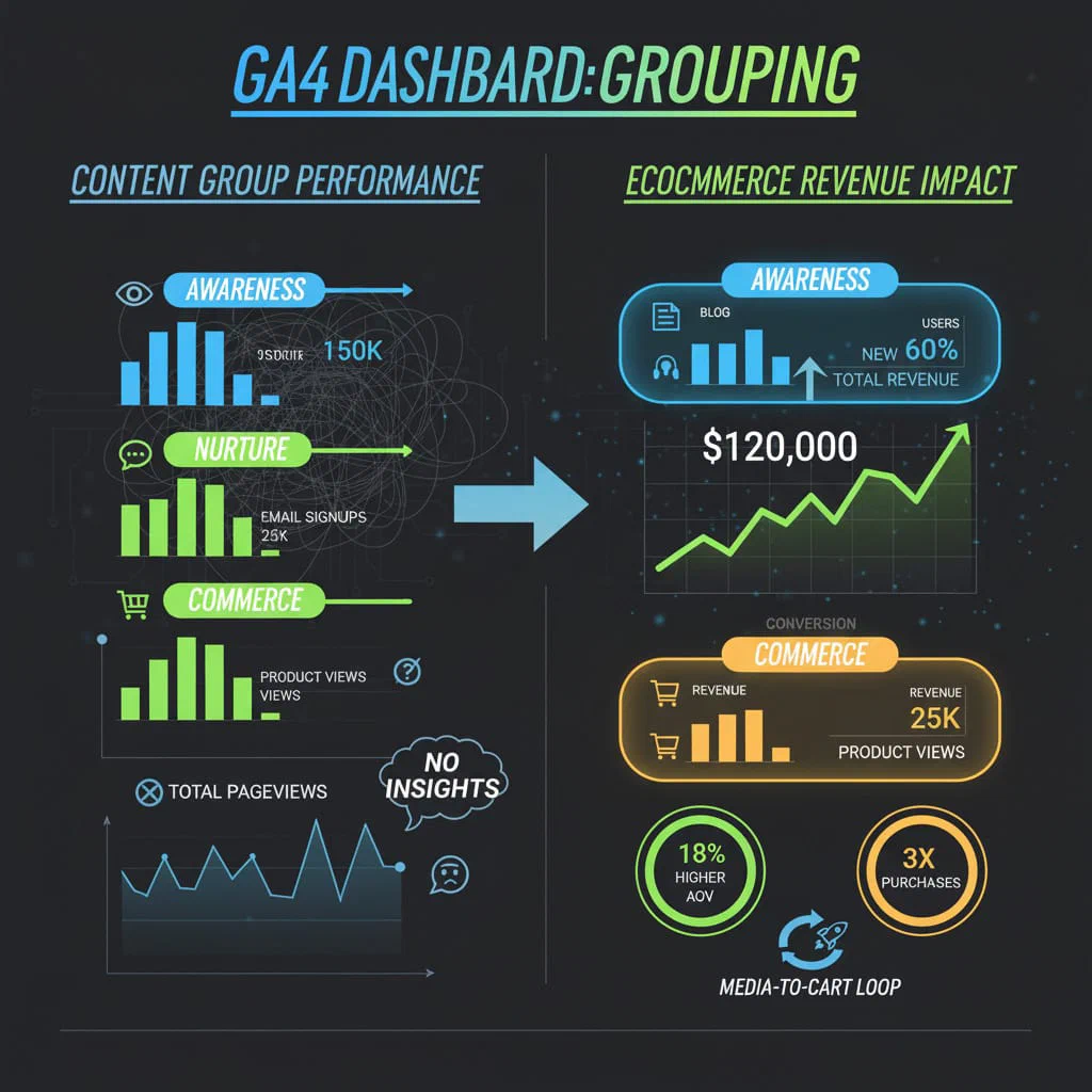 GA4 Content Grouping dashboard visualizing content group performance against ecommerce revenue