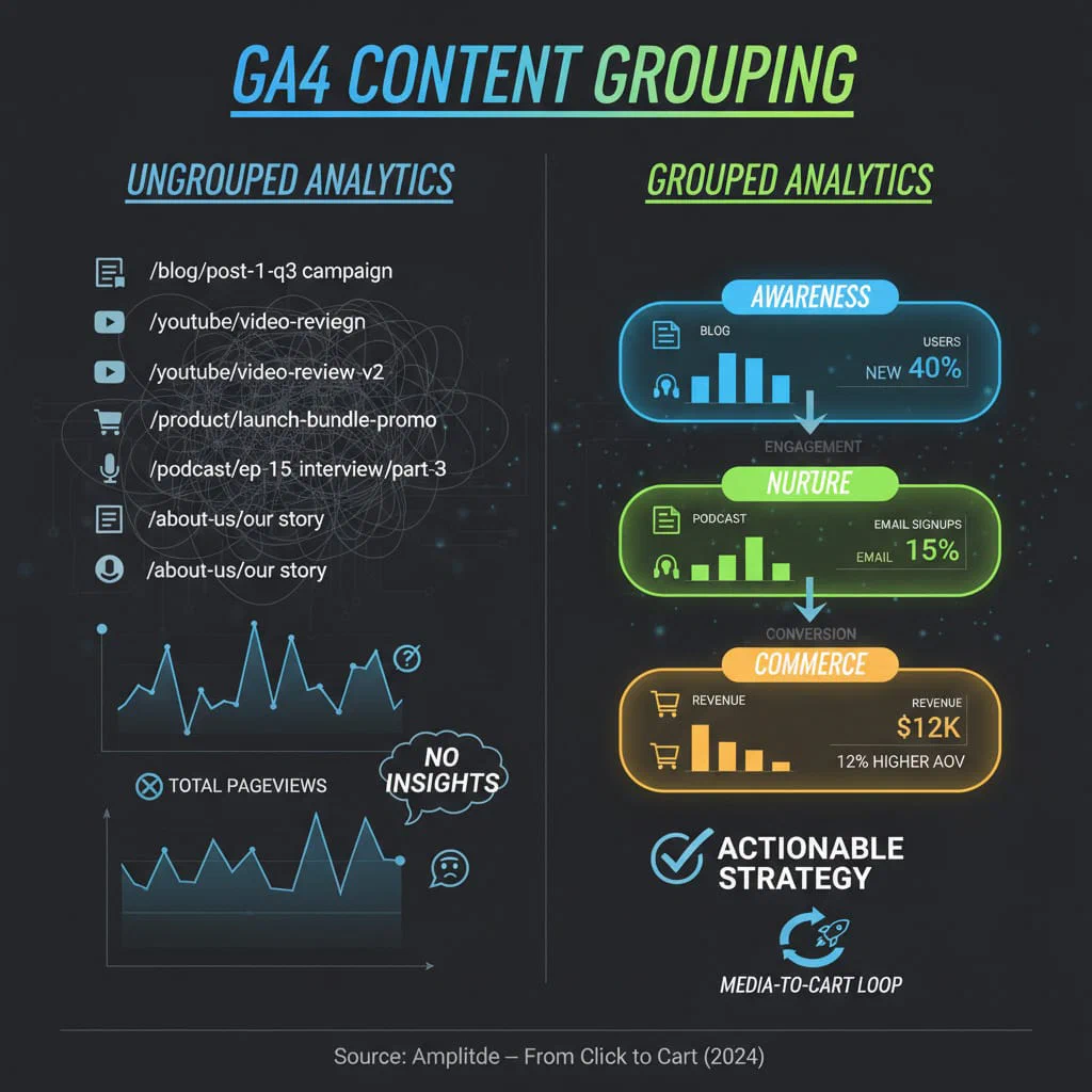 GA4 Content Grouping comparison showing ungrouped vs grouped content performance in GA4