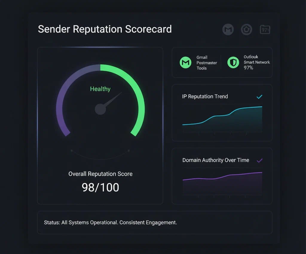 Maqueta de un dashboard de scorecard de reputación del remitente. Incluye un gran indicador con una &lsquo;Overall Reputation Score&rsquo; de 98/100 marcada como &lsquo;Healthy&rsquo; en verde. A la derecha hay paneles más pequeños con &lsquo;Gmail Postmaster Tools&rsquo; y &lsquo;Outlook Smart Network&rsquo; ambos en 97%, junto con gráficos de línea para &lsquo;IP Reputation Trend&rsquo; y &lsquo;Domain Authority Over Time&rsquo; mostrando tendencias al alza. Un mensaje de estado al pie dice &ldquo;Status: All Systems Operational. Consistent Engagement.&rdquo;