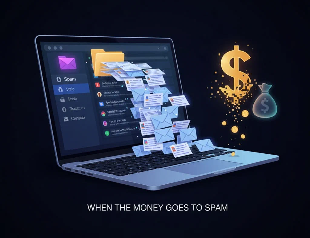 Imagen estilizada de correos llegando a una carpeta de spam en la pantalla de una laptop, con un signo de dólar brillante desintegrándose a su lado y una bolsa de dinero llena, que ilustra el ingreso perdido por una mala entregabilidad de email.