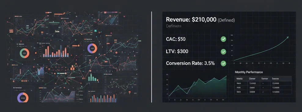 Split-screen image comparing chaotic data dashboards on the left with a clean, standardized, and clearly labeled dashboard on the right.