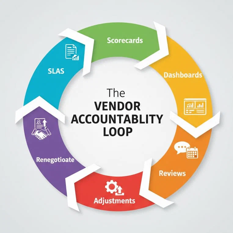 Circular flow chart showing the Vendor Accountability Loop: SLAs, Scorecards, Dashboards, Reviews, Adjustments, and Renegotiate.