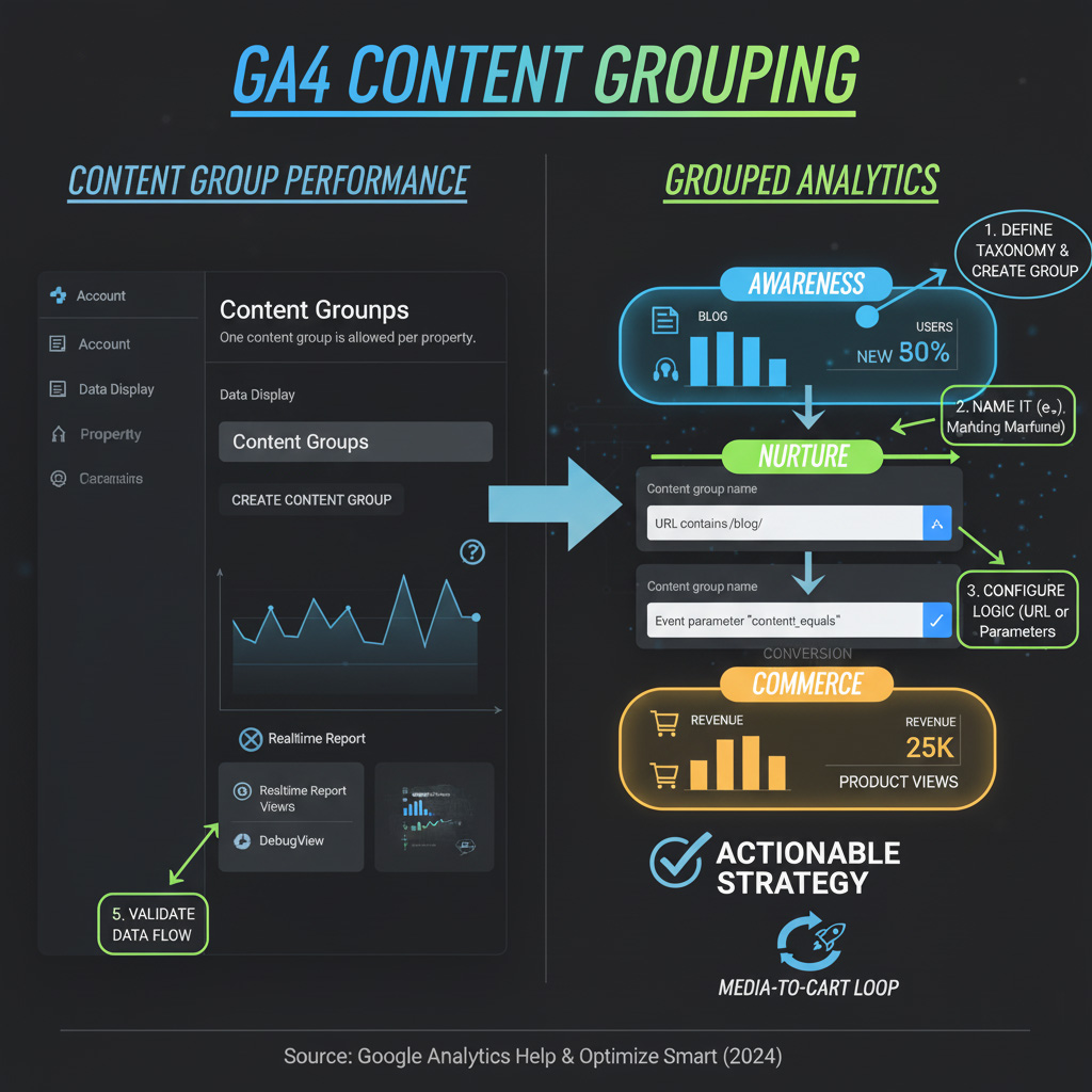 GA4 Content Grouping setup interface in Google Analytics 4 with configuration annotations